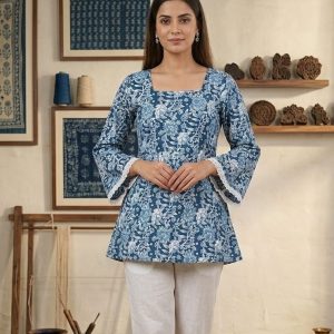 Women's Blue Floral Printed Flared Kurti with Lace Detailing