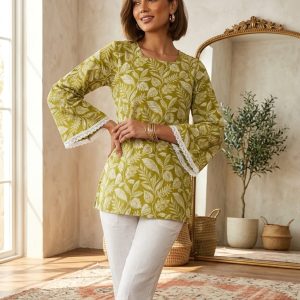 Women's Green Floral Printed Short Kurti with Lace Bell Sleeves