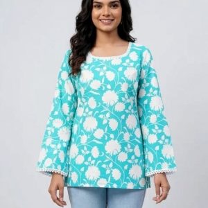 Women's Turquoise Floral Printed Short Kurti with Bell Sleeves